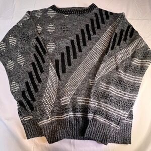 Le Tigre Small Geometric Knit Sweater Mens Gray 80s Retro USA Vintage Cozicore